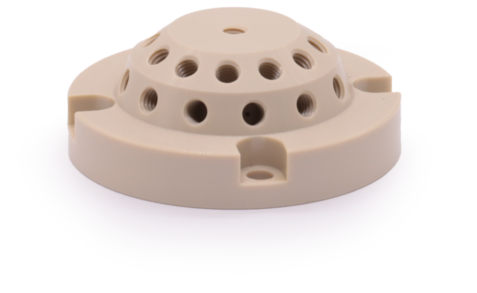 White engineering plastic component with threaded holes